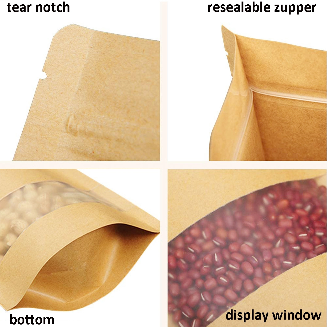 Custom Printed Ziplock Biodegradable Kraft Paper PLA Stand up Pouch with Clear Window Coffee Tea Packaging Bag